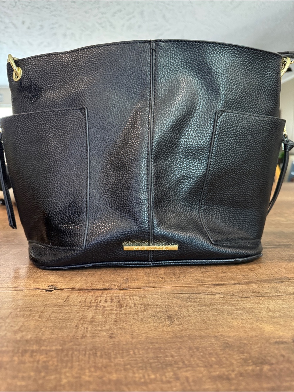 Steve Madden Black Pebbled Shoulder Tote with Gold Hardware